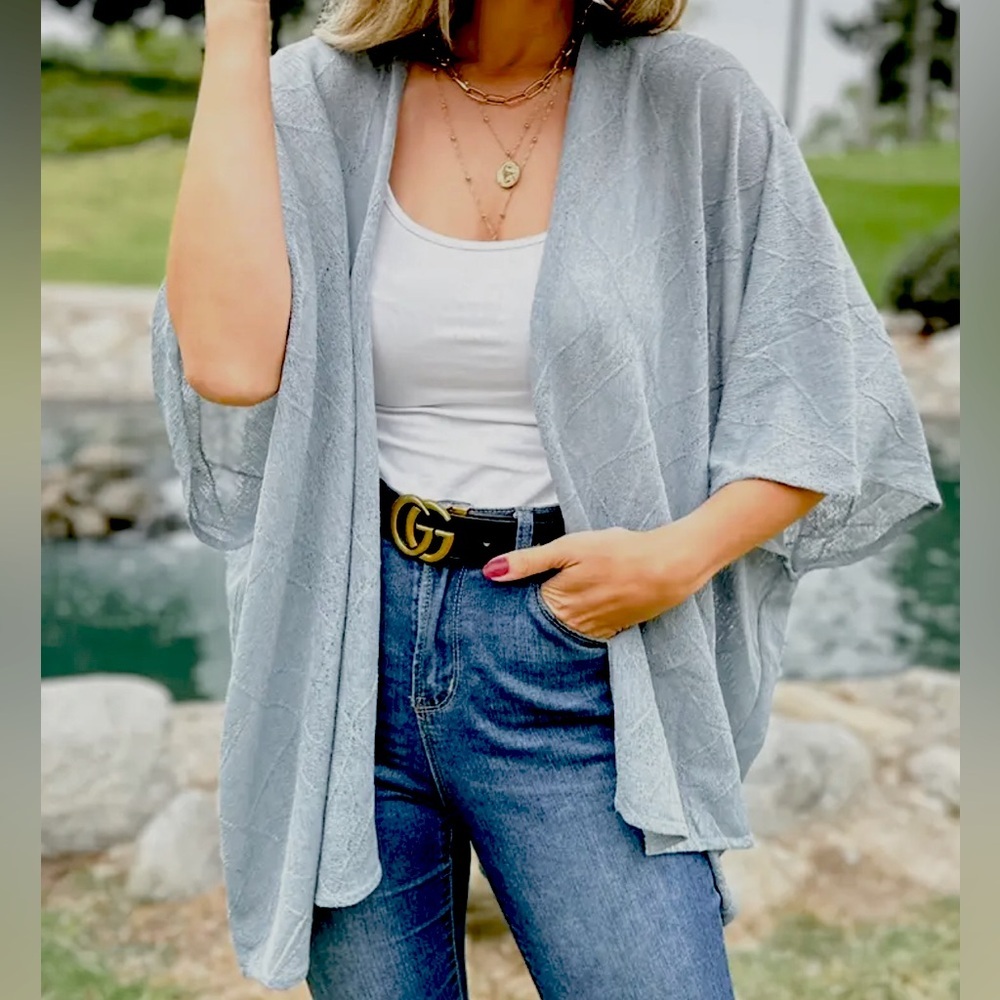 Gray kimono sheer textured loose-fit knit